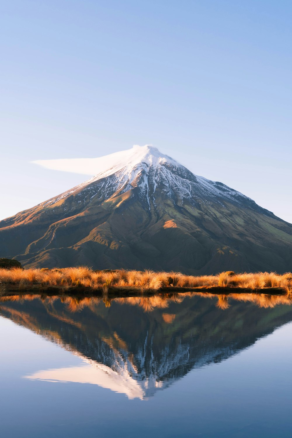 a snowy mountain with trees and a body of water below