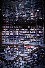 a room with shelves and books