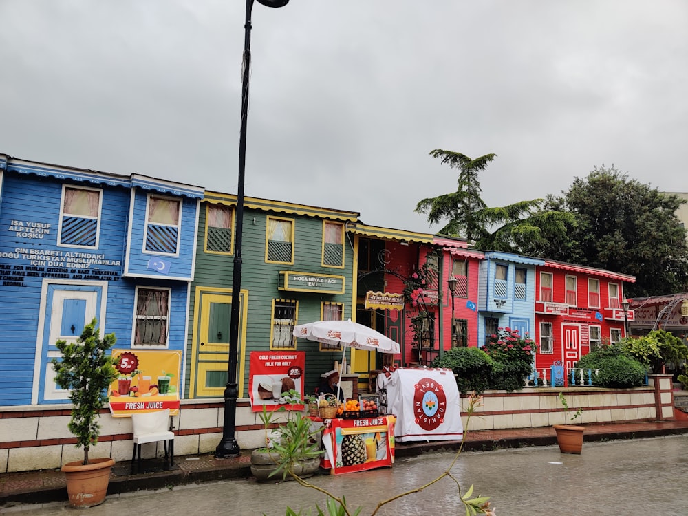 a colorful building with a sign