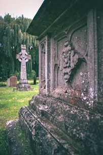 An ornate stone monument with intricate carvings stands prominently in the foreground, surrounded by lush green grass. In the background, a Celtic cross headstone is visible next to a large weeping willow tree.