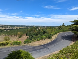 A scenic road winding through a lush green landscape under a clear blue sky.