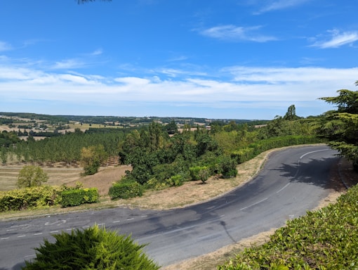 A scenic road winding through a lush green landscape under a clear blue sky.