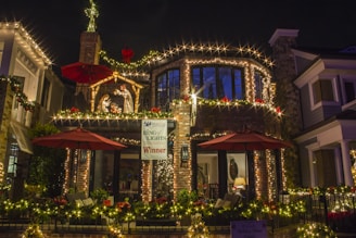 a building with decorations and lights