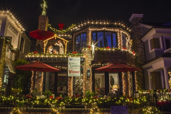 a building with decorations and lights