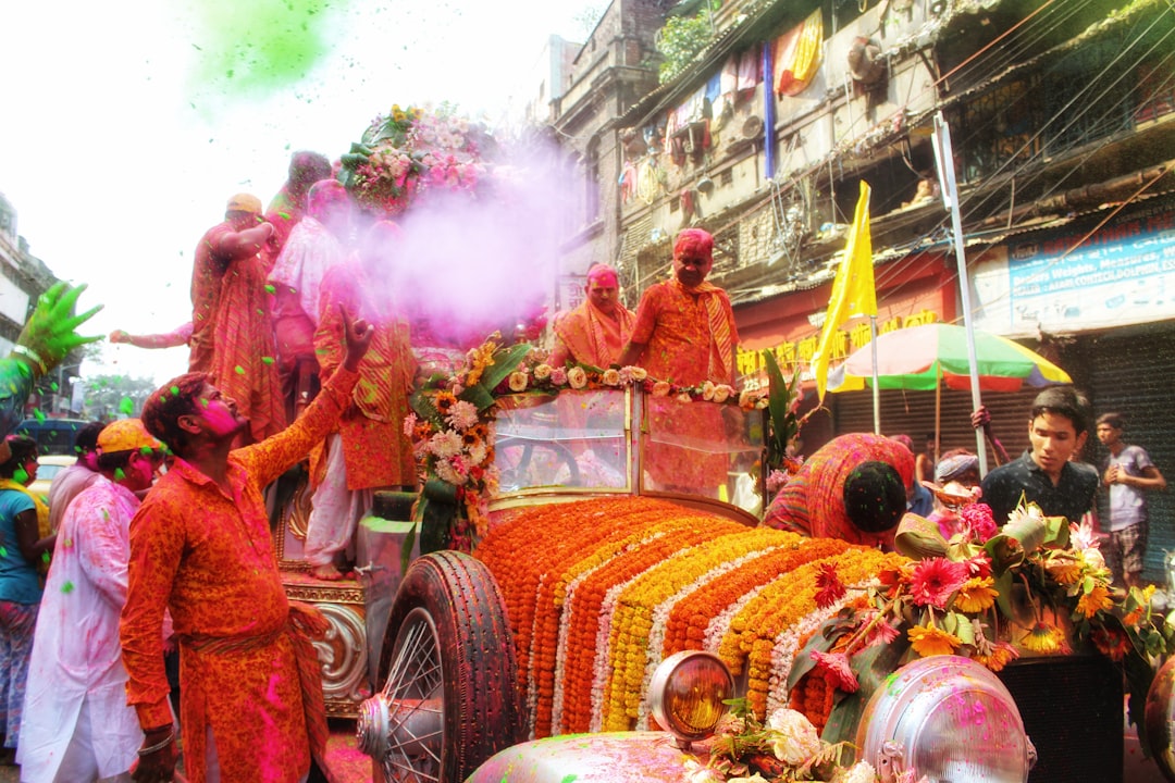 a group of people in clothing on a parade float,