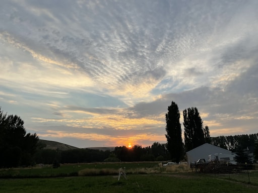 A serene farm landscape with twilight hues and a glowing bonfire in the foreground.
