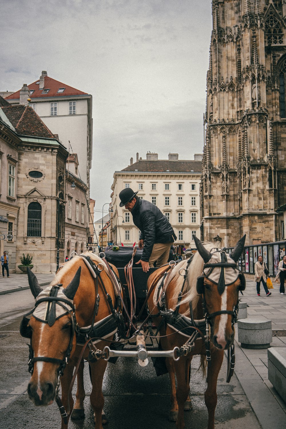 a man riding a horse carriage