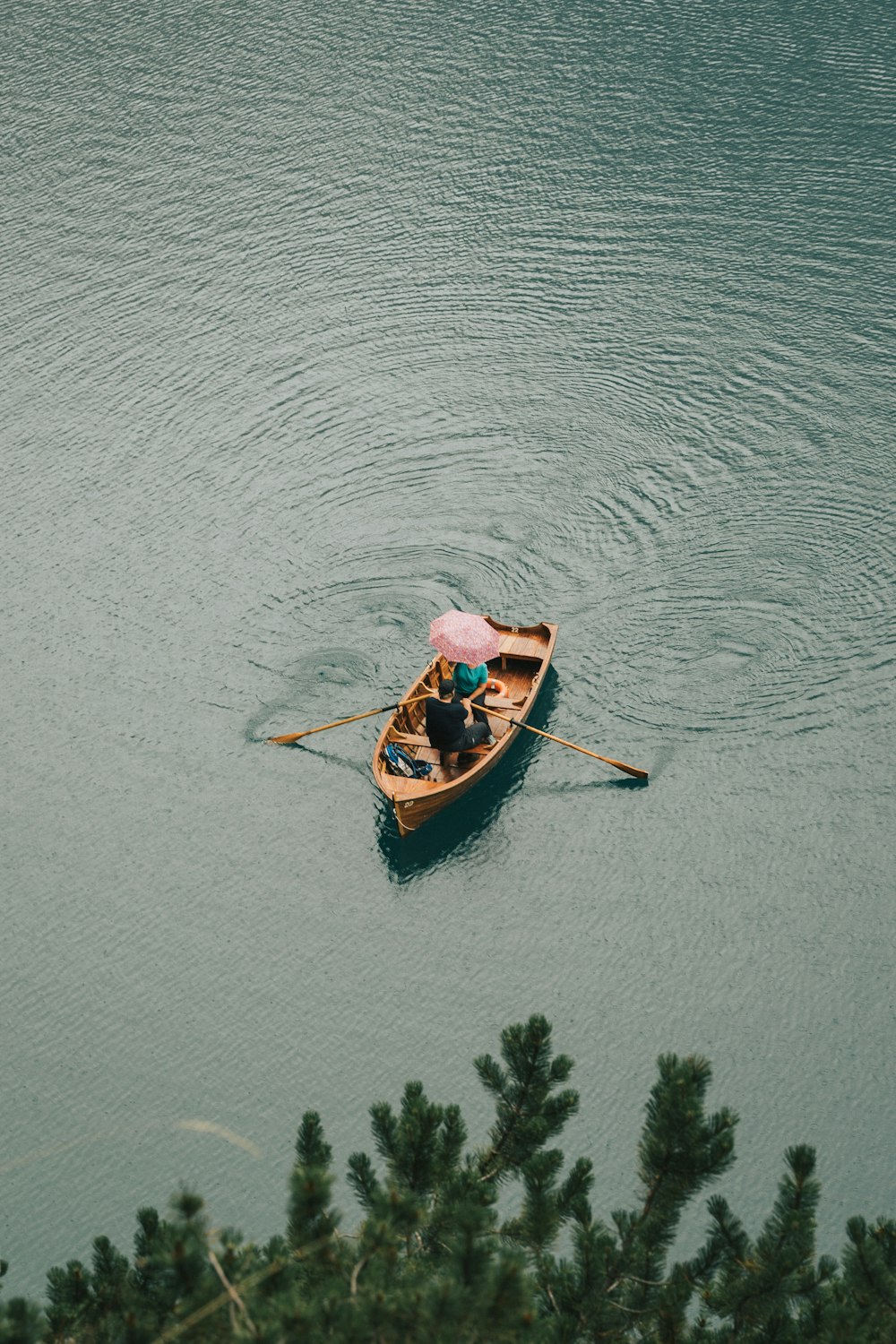 a couple people rowing a boat