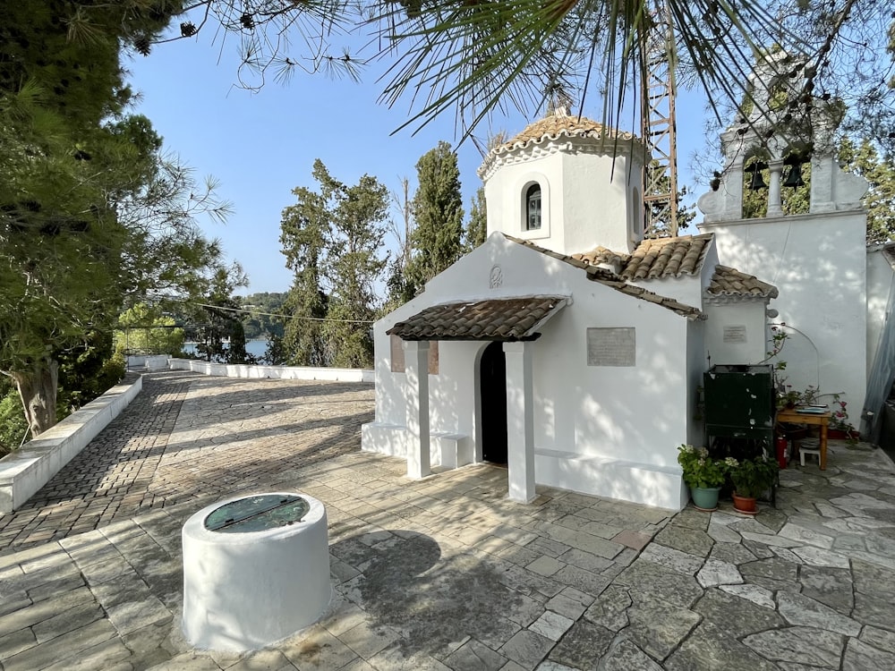 a white building with a tower