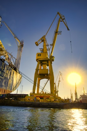a group of cranes on a dock