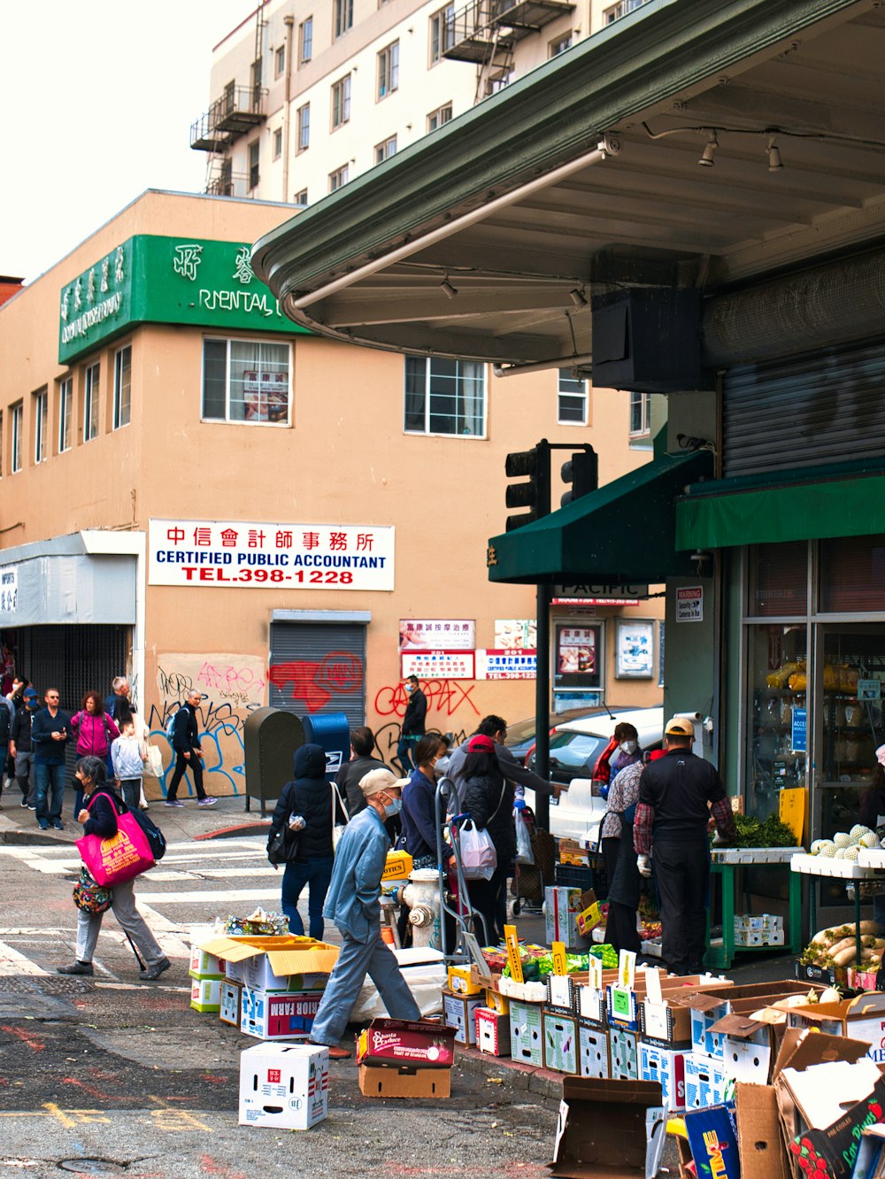 a group of people outside a store