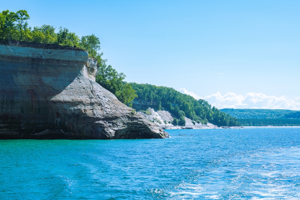 a cliff with trees and water below