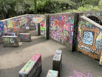 A concrete area with walls and surfaces covered in various colorful graffiti and street art, surrounded by trees and greenery. The graffiti features a variety of designs, including letters, symbols, and stylized characters in bright, eye-catching colors.