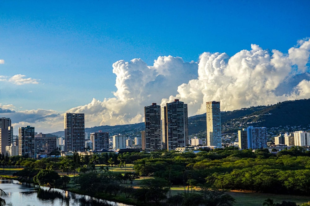 a city with a mountain in the background