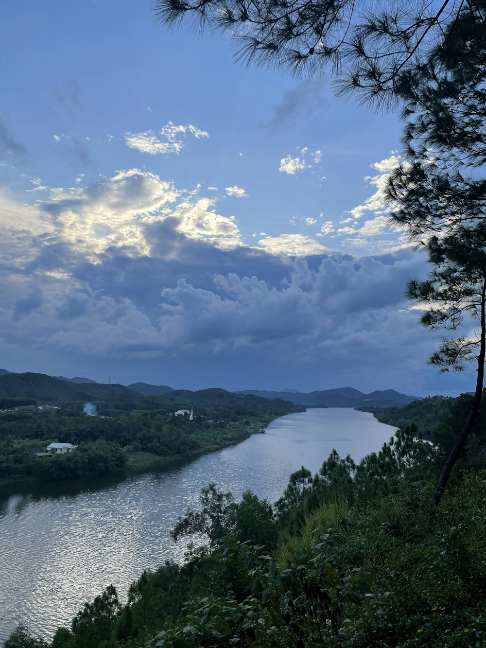 a river with trees and hills around it