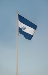 a blue and white flag on a flagpole