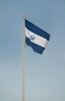 a blue and white flag on a flagpole