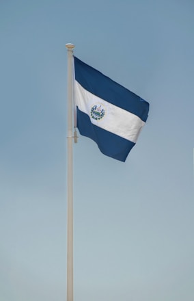 a blue and white flag on a flagpole