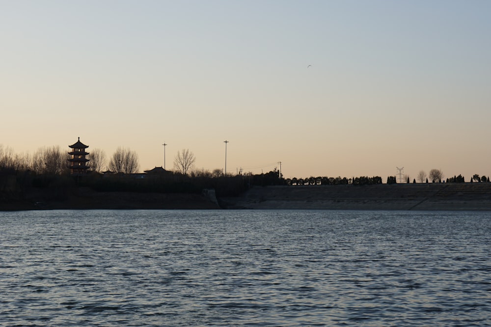 a body of water with trees in the background