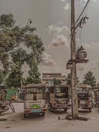 A street scene with three auto rickshaws parked along the roadside near a large tree and a utility pole. The sky is partly cloudy, and various buildings are visible in the background. The rickshaws are decorated with colorful paint and designs, adding a vibrant touch to the urban setting.