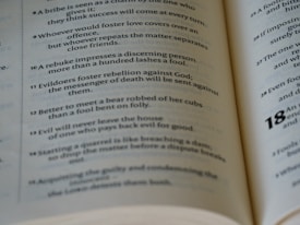 An open book displaying a list of numbered sentences with religious or philosophical content printed in a clear font. The focus is on paragraphs numbered 8 to 18 with some emphasis on certain words through bold text.