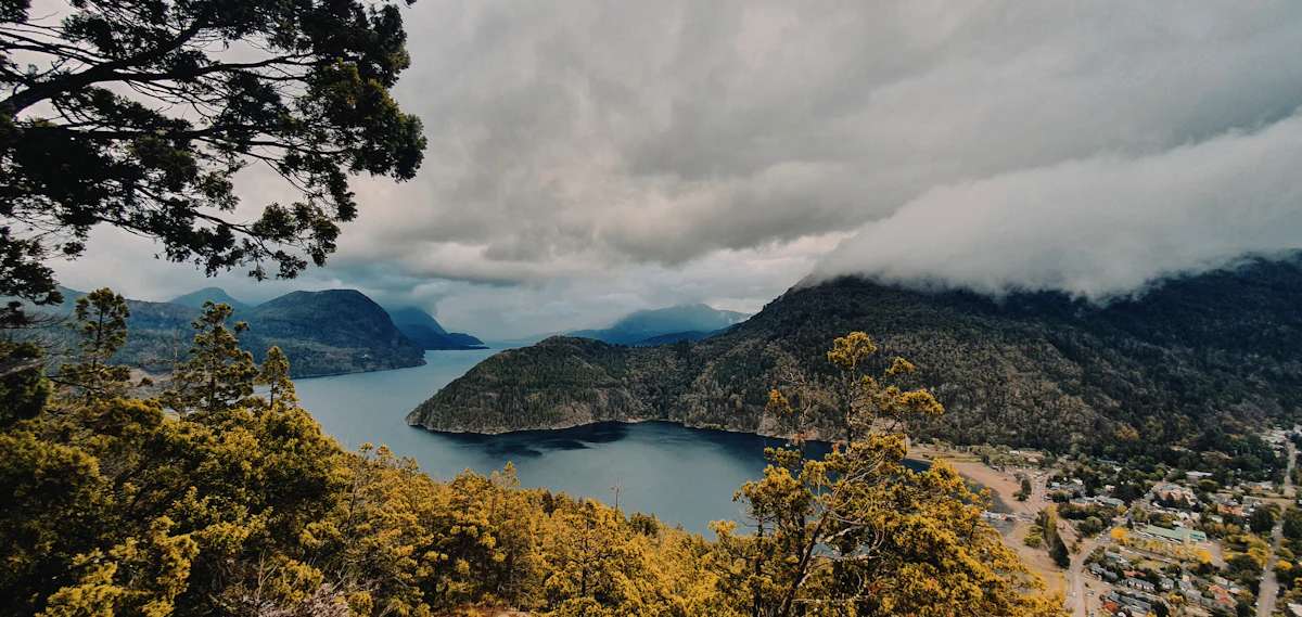 Yellow autumn trees on a hillside above Lago Lácar and the edge of San Martín de los Andes, under low cloud