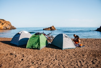Camping gear set up near a beach with tents and survival equipment