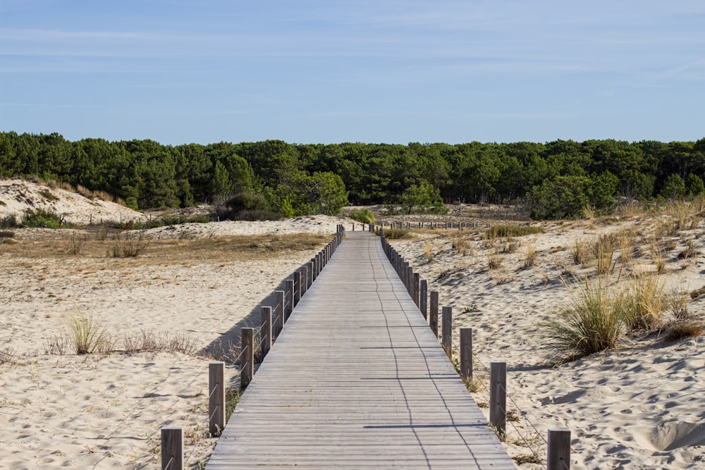 a wooden bridge over a sandy beach