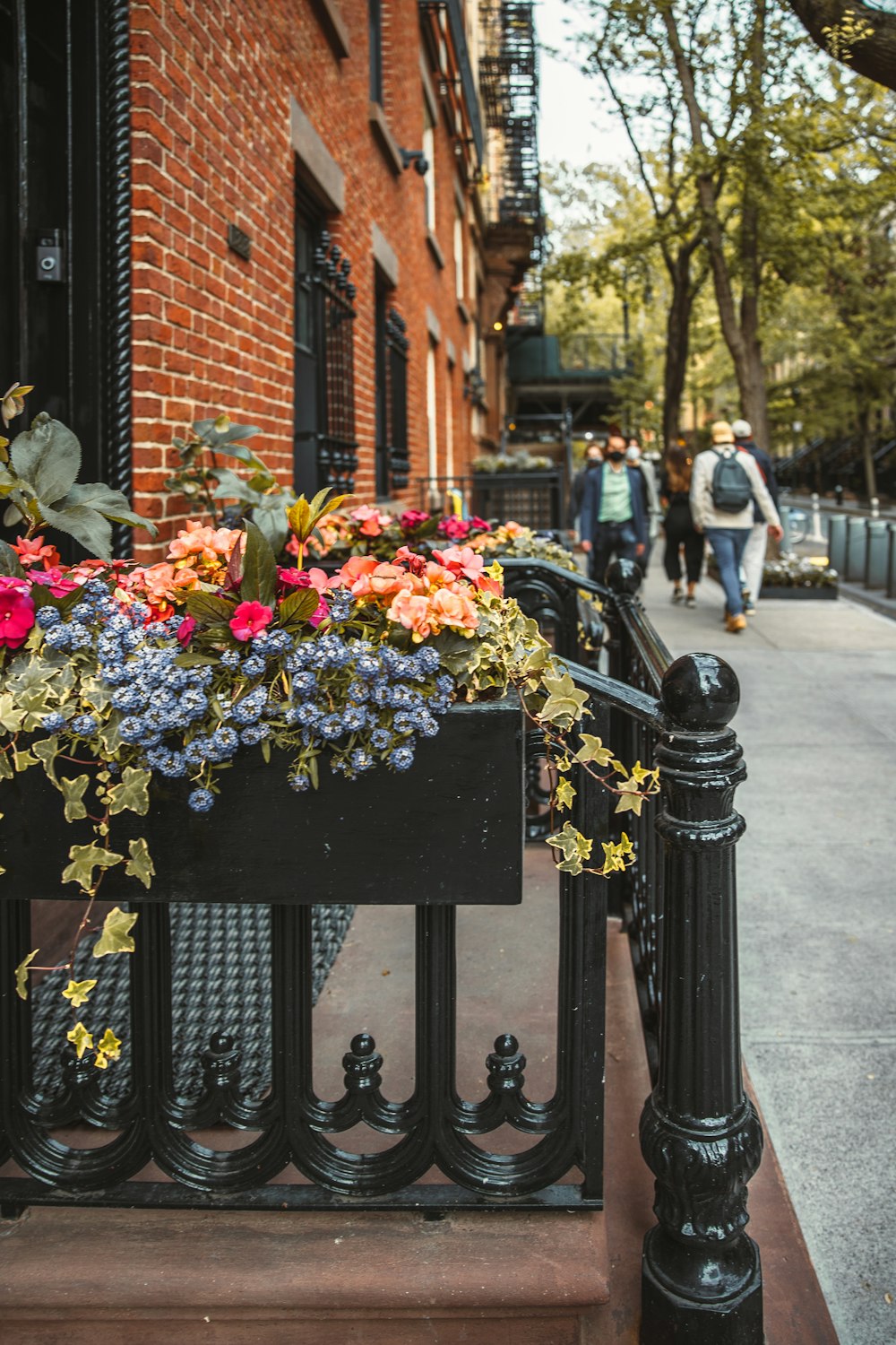 a black metal fence with flowers