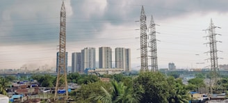 a group of power lines and towers