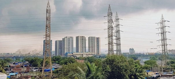 a group of power lines and towers