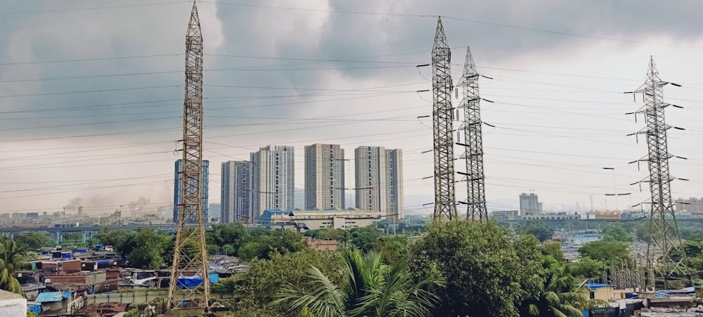 a group of power lines and towers