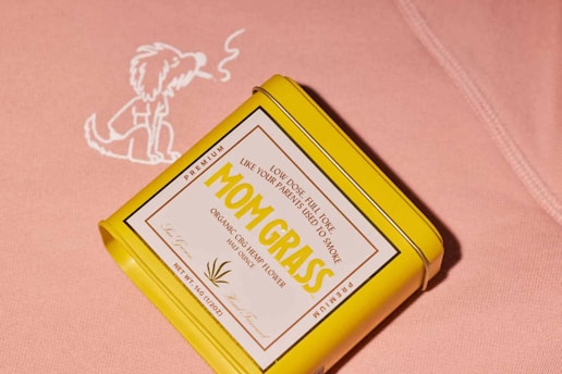 A yellow rectangular tin with a label reading 'MOM GRASS' is placed against a pink fabric background. The tin highlights it contains organic CBG hemp flower. Next to the tin on the fabric is an illustration of a dog exhaling smoke.
