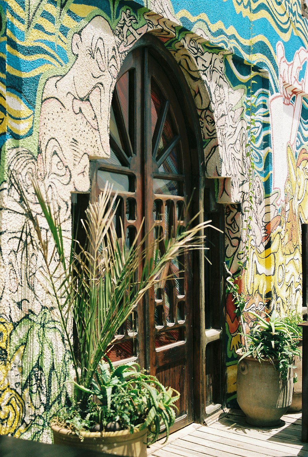 una porta con piante e una finestra