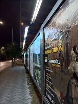 A row of poster displays lines a city sidewalk during the night. The brightly lit posters are bordered by metal frames. The closest poster advertises a symphony event featuring a mezzo-soprano. Streetlights and faint car headlights illuminate the road, with trees lining the pathway.