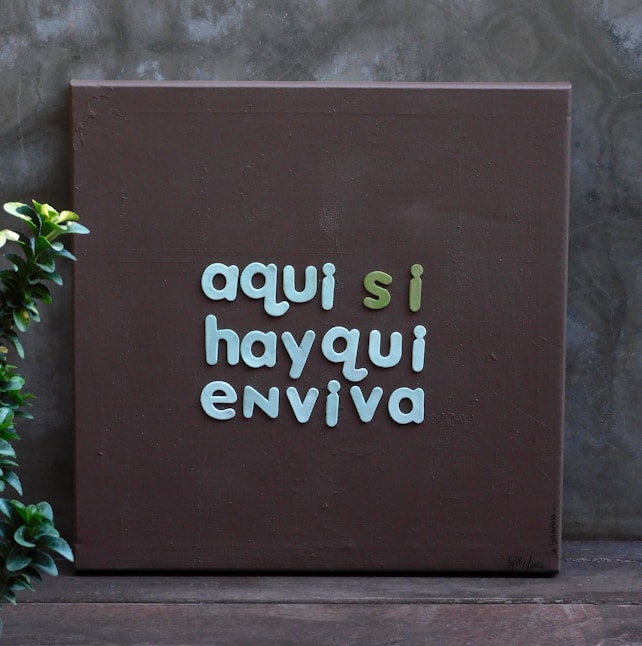 A brown canvas with text in soft green and turquoise colors reading 'aqui si hayqui enviva', placed against a gray wall. A small green plant is positioned on the left side.