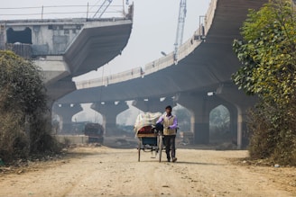 A man pulls a cart loaded with goods along a dirt road underneath an unfinished overpass or bridge. Construction equipment and vehicles are visible in the background, and the area is surrounded by trees and foliage. The scene seems to be set in an industrious yet calm environment.
