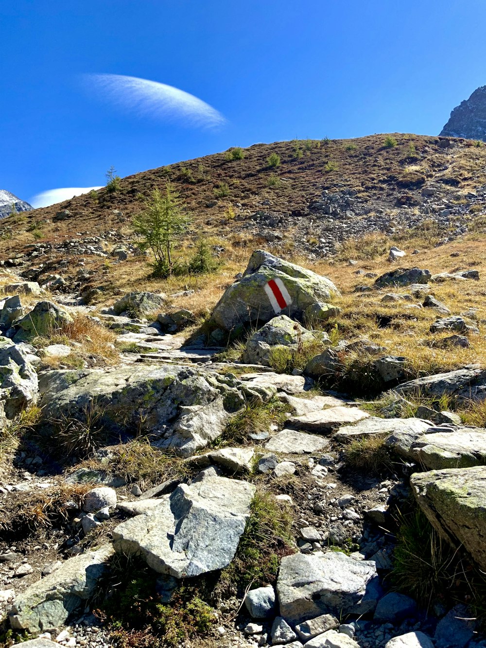 a rocky area with a flag