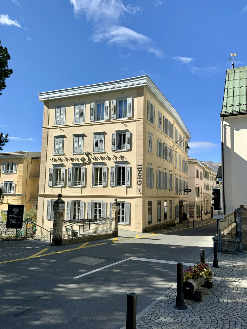 a large building with a fence around it