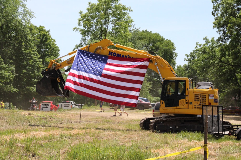 a flag on a yellow truck