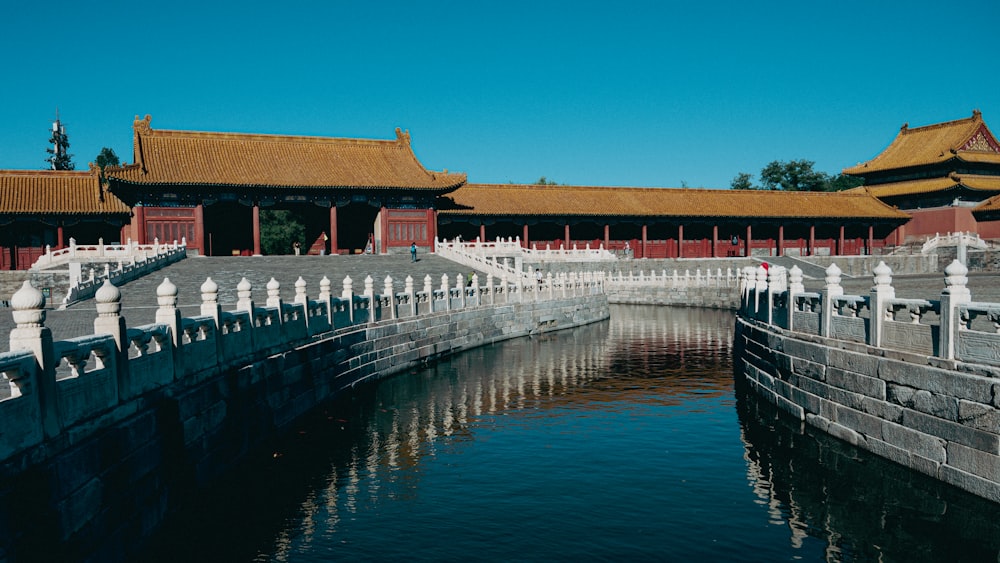 a body of water with buildings along it with Forbidden City in the background