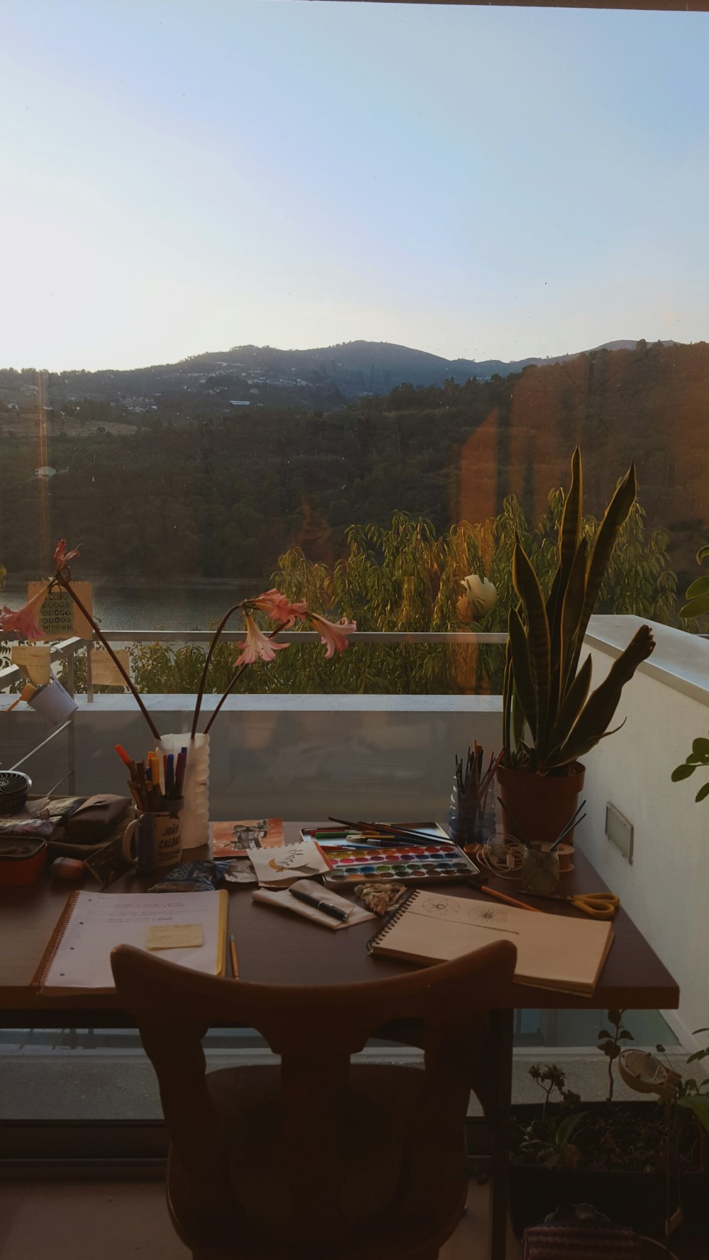 a table with a plant and a window with mountains in the background