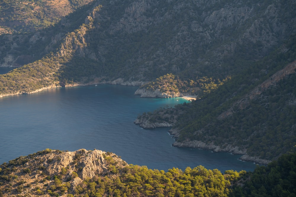 a body of water surrounded by mountains