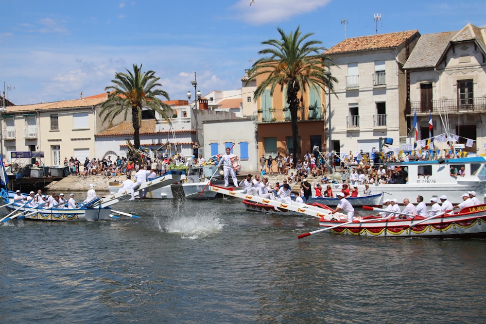 a group of people rowing boats