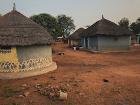 Traditional round thatched-roof huts are situated in a rural village setting. The huts have earthen walls painted with patterns, and there is sparse vegetation in the surrounding red soil. A few small trees provide some greenery amid the dry landscape.