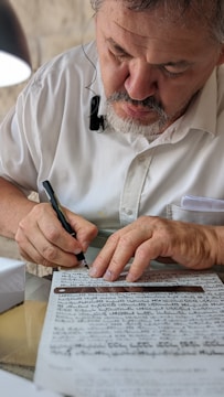 A person with a beard is sitting at a desk, focused on writing on a sheet of paper with a pen. The paper is filled with handwritten text. The person is wearing a white shirt and appears to be concentrating on the task. A ruler is placed on the paper.