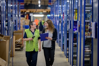 A business professional using a compact two-way radio while standing in a bustling warehouse environment.