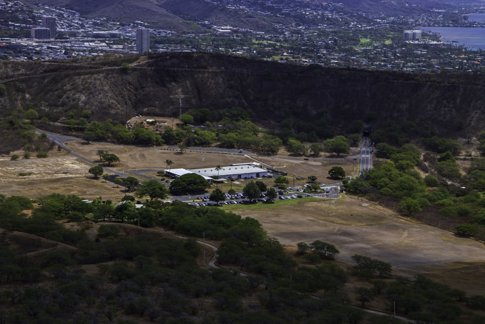 a large building surrounded by trees