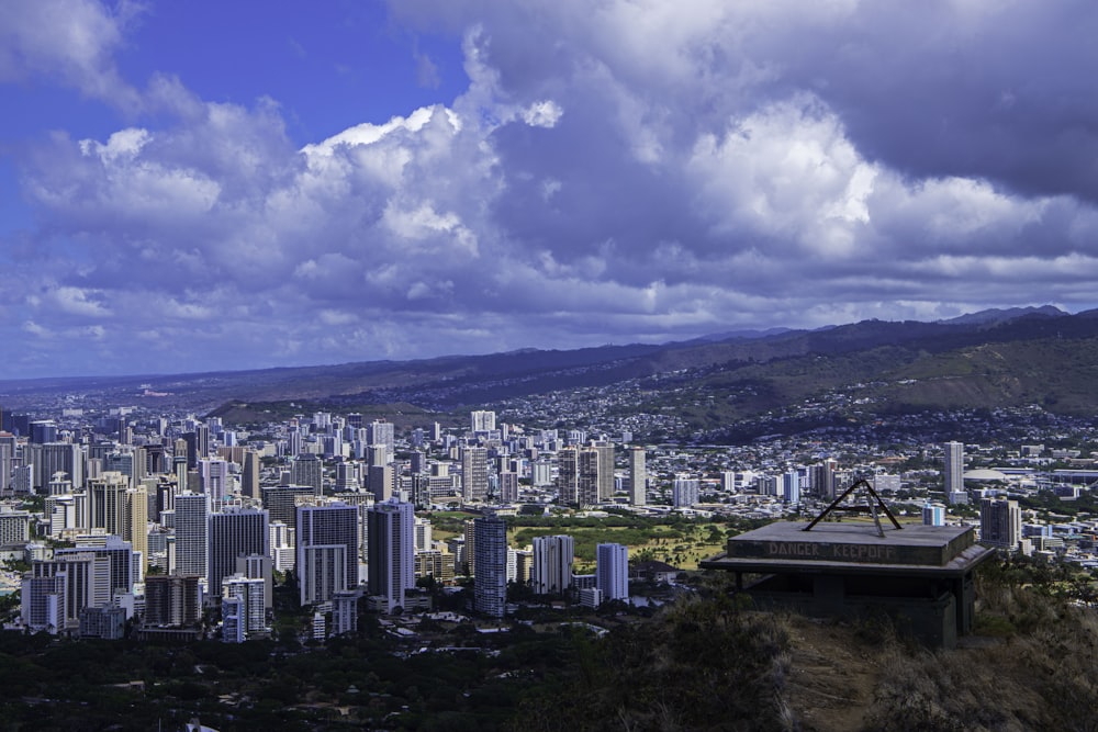 a city with a mountain in the background