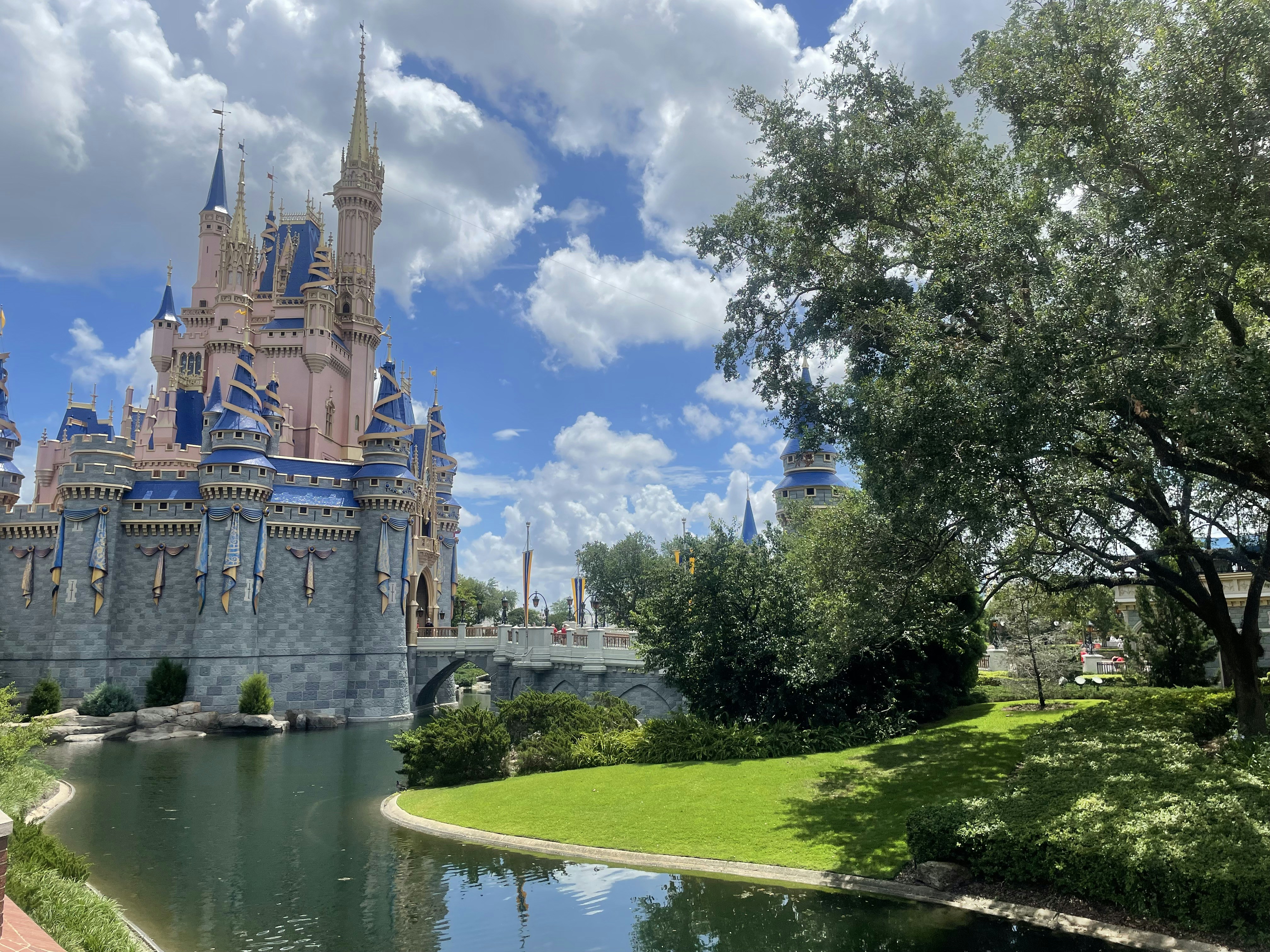 a castle with a moat and trees